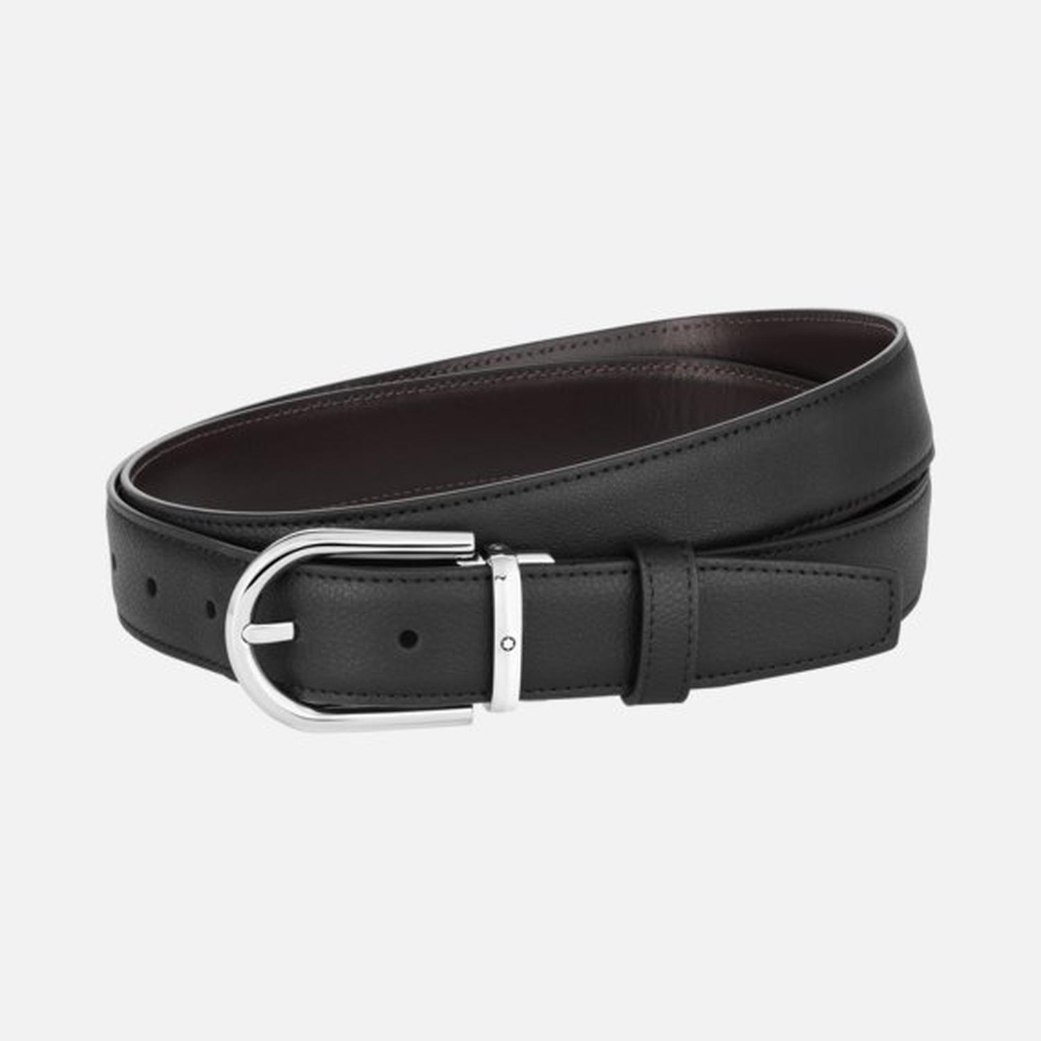 Mont Blanc - 128757 - Cintura reversibile in pelle nera/marrone 30 mm con fibbia a ferro di cavallo