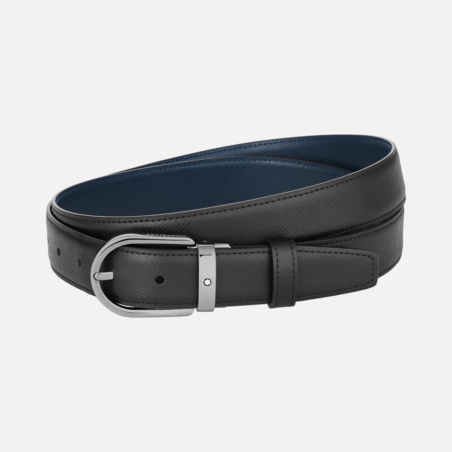 MONT BLANC - 30mm Black/Blue Reversible Leather Belt with Horseshoe Buckle