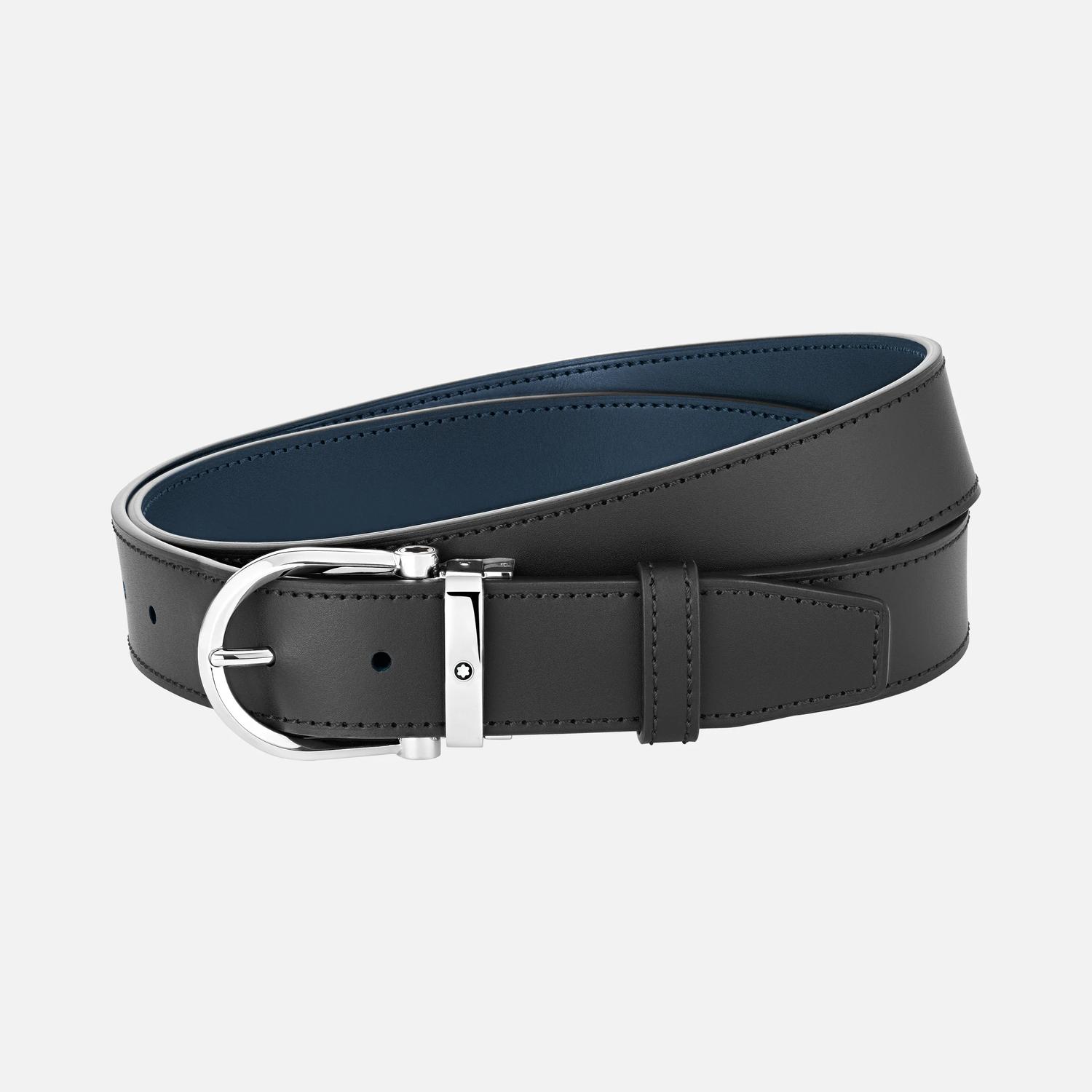 MONT BLANC - 35mm Black/Blue Reversible Leather Belt with Horseshoe Buckle