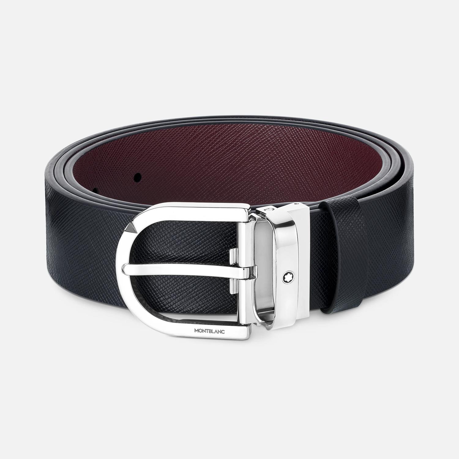 MONT BLANC - 35mm Black/Must Printed Leather Reversible Belt with Horseshoe Buckle