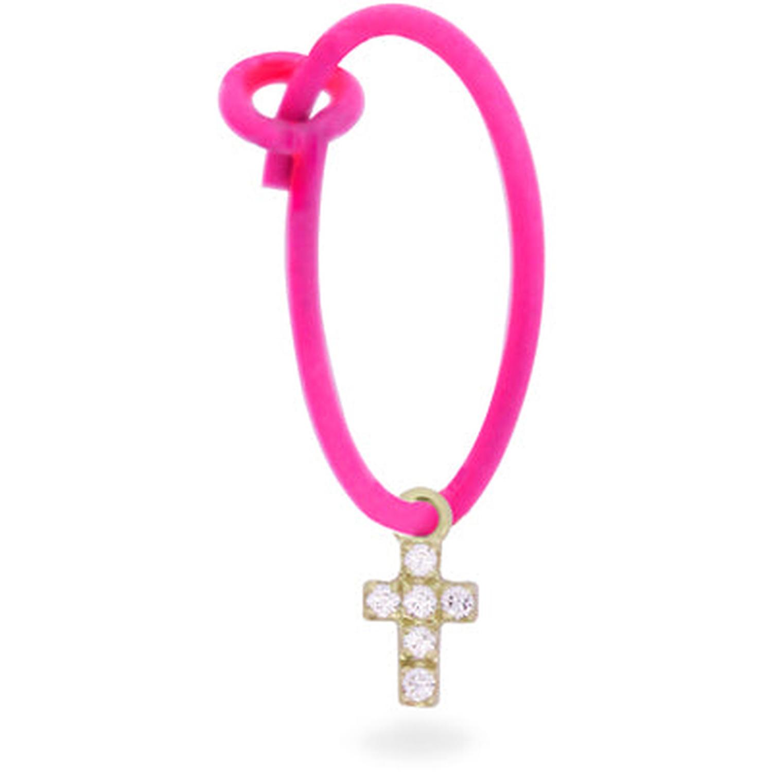 Rue Des Mille - 18KORDV04 - Fluorescent Fuchsia Cross Hoop Single Earring with Lab Grown Diamonds - 18KT Gold