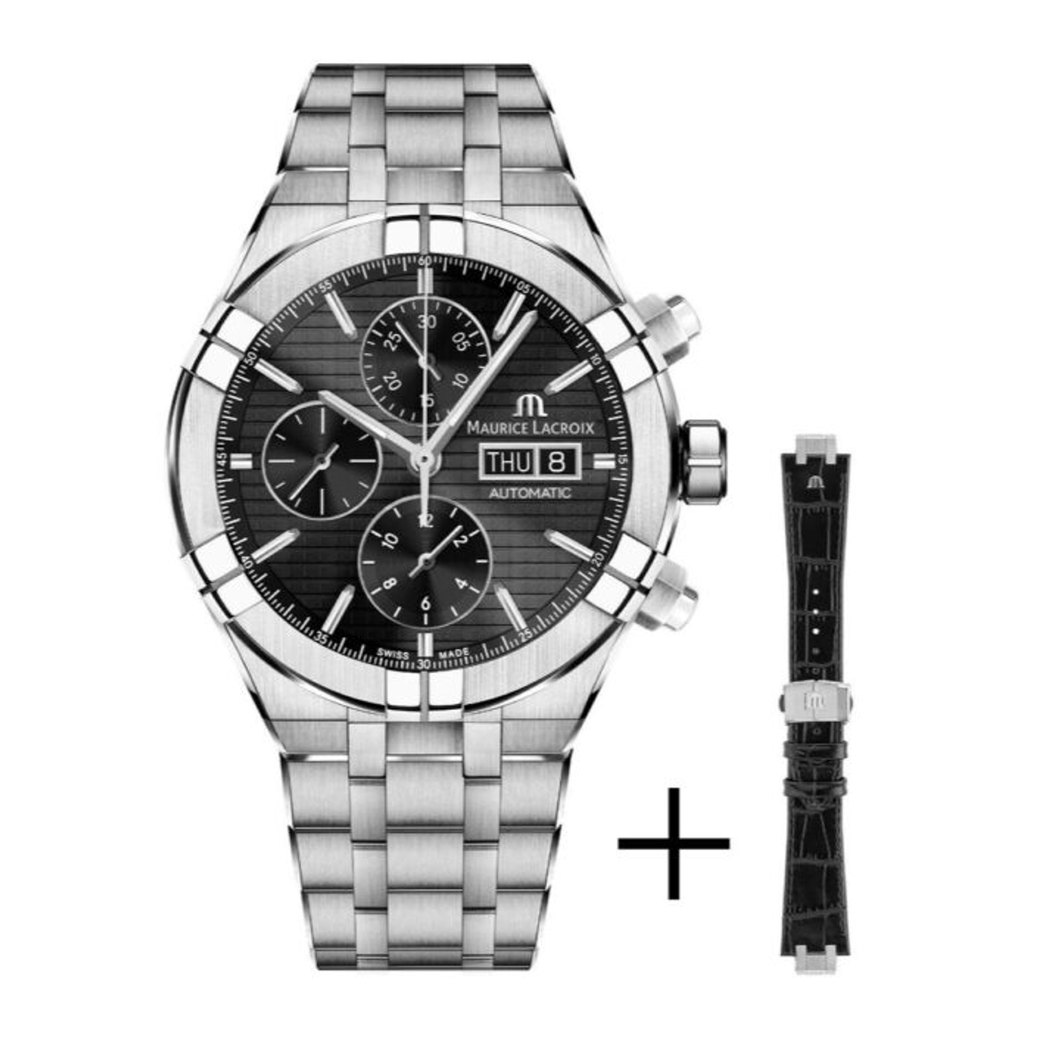 MAURICE LACROIX - AI6038-SS002-330-2 - Aikon 44mm Chronograph Day Date Black Dial; Steel Bracelet and Black Leather Strap