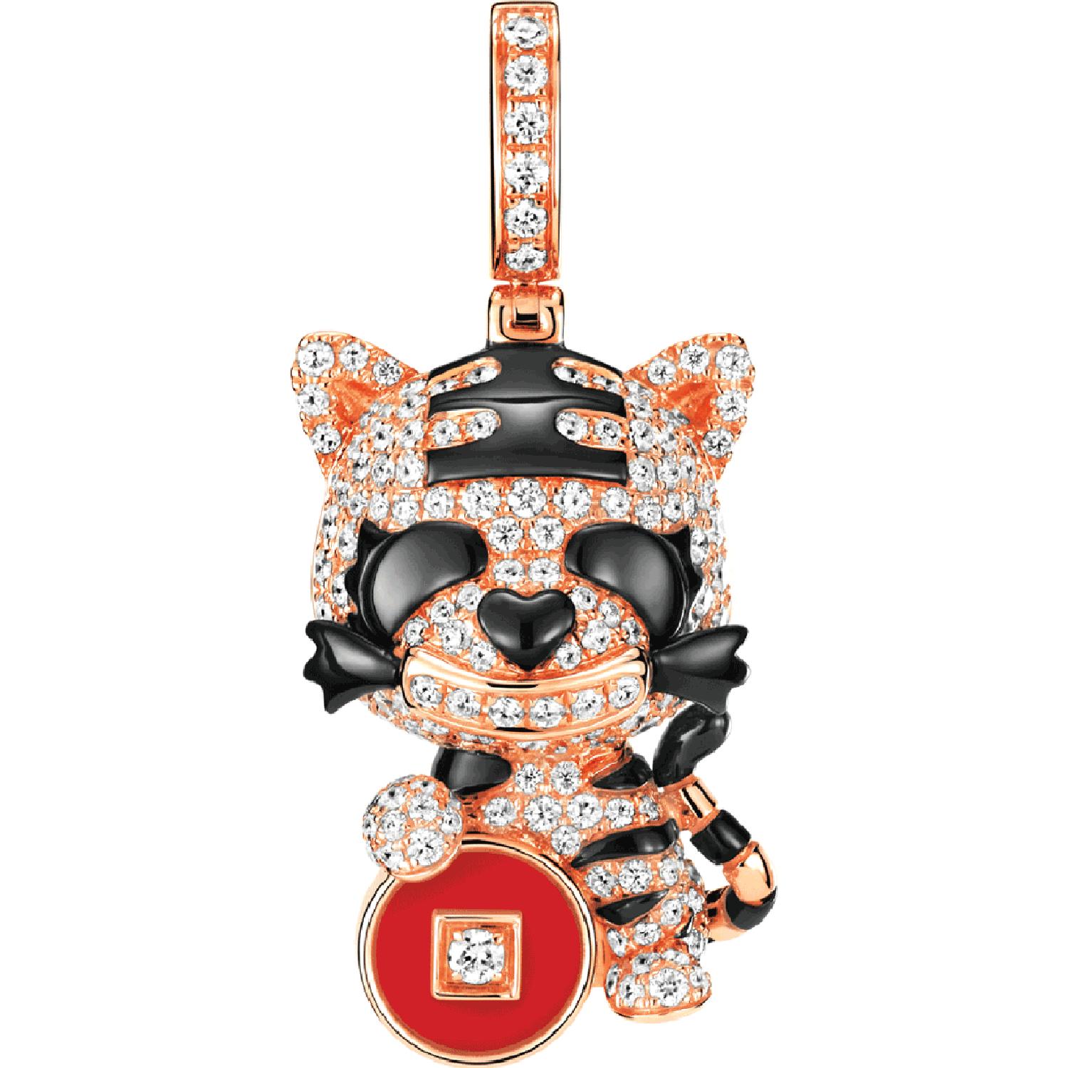 Qeelin - BFP20BZRBRA - Tiger Bo Bo Medium Pendant in 18K Rose Gold with Diamonds and Red Agate