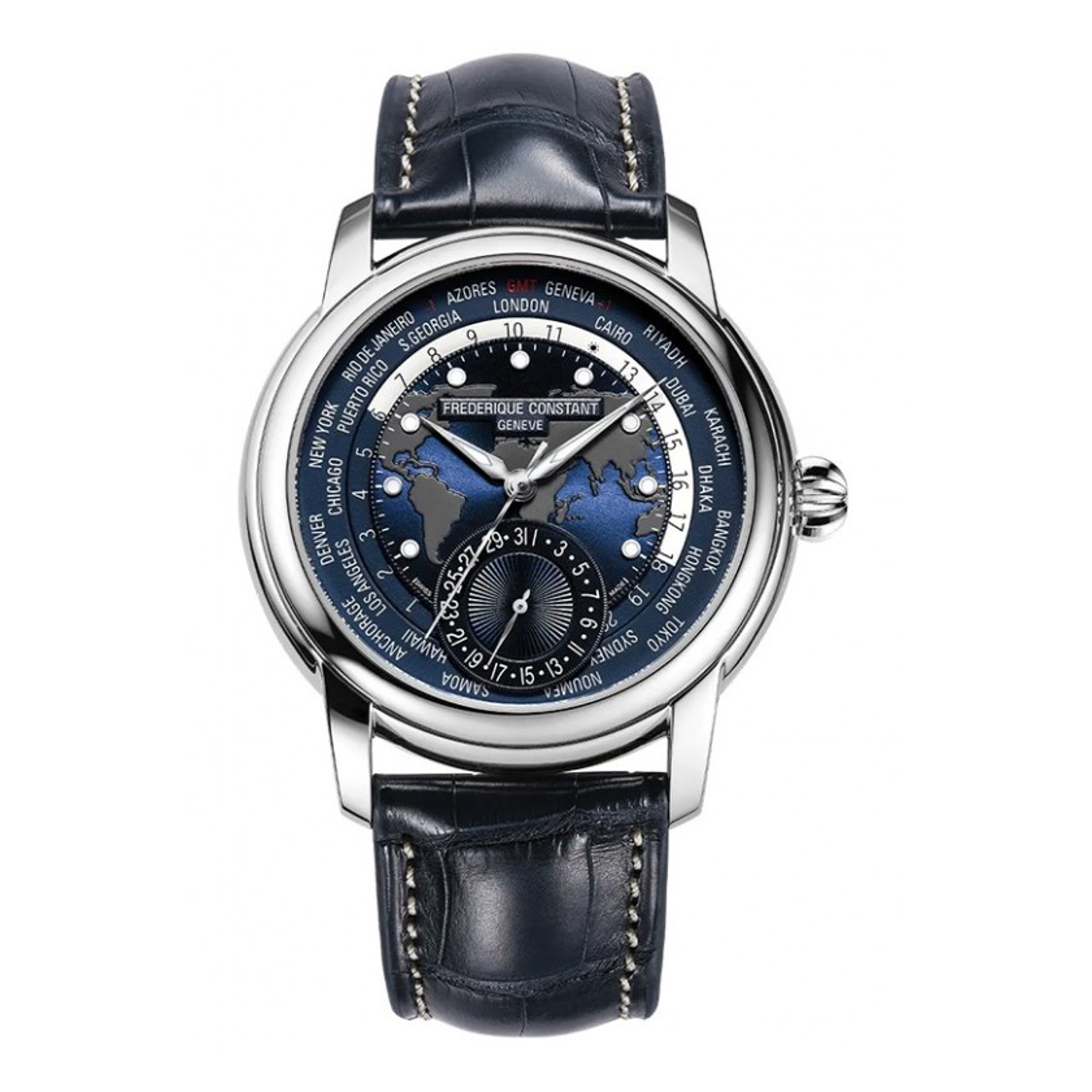 FREDERIQUE CONSTANT - FC-718NWM4H6 - Manufacture Worldtimer 42mm GMT Date; Blue Dial; Blue Leather Strap