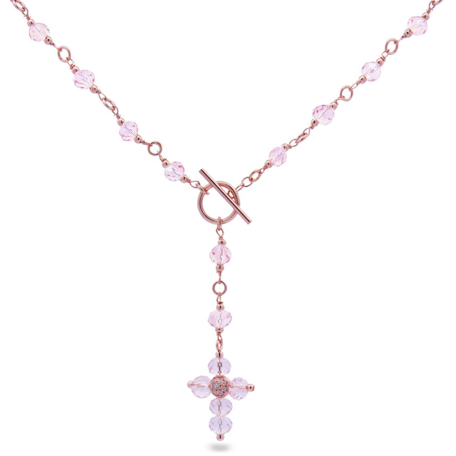 Rue Des Mille - GR015M1 - Pink Crystal Cross Necklace with T-Bar - Crystal Rainbow