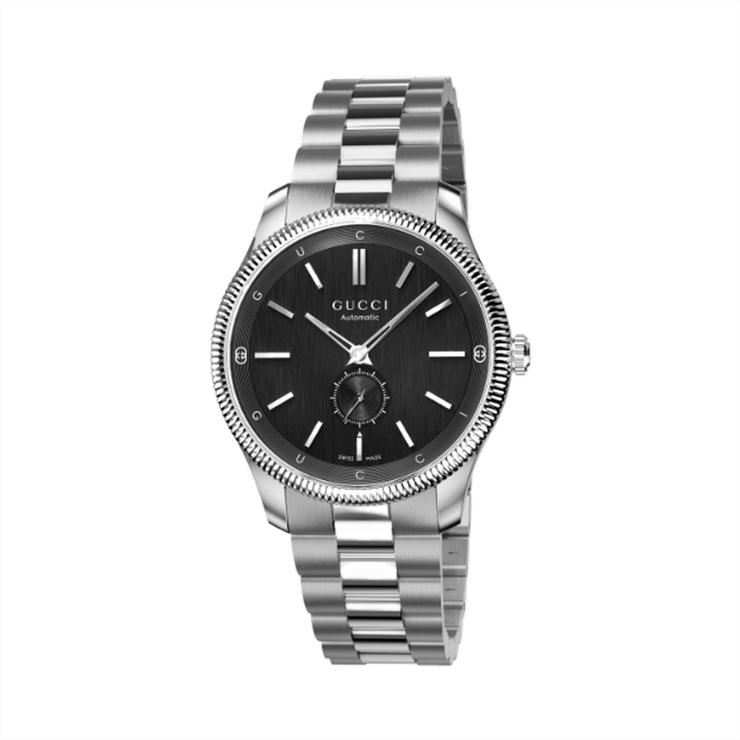 Gucci - YA126388 - G-Timeless 40 mm stainless steel case, black dial with and  lettering, small seconds display, stainless steel bracelet