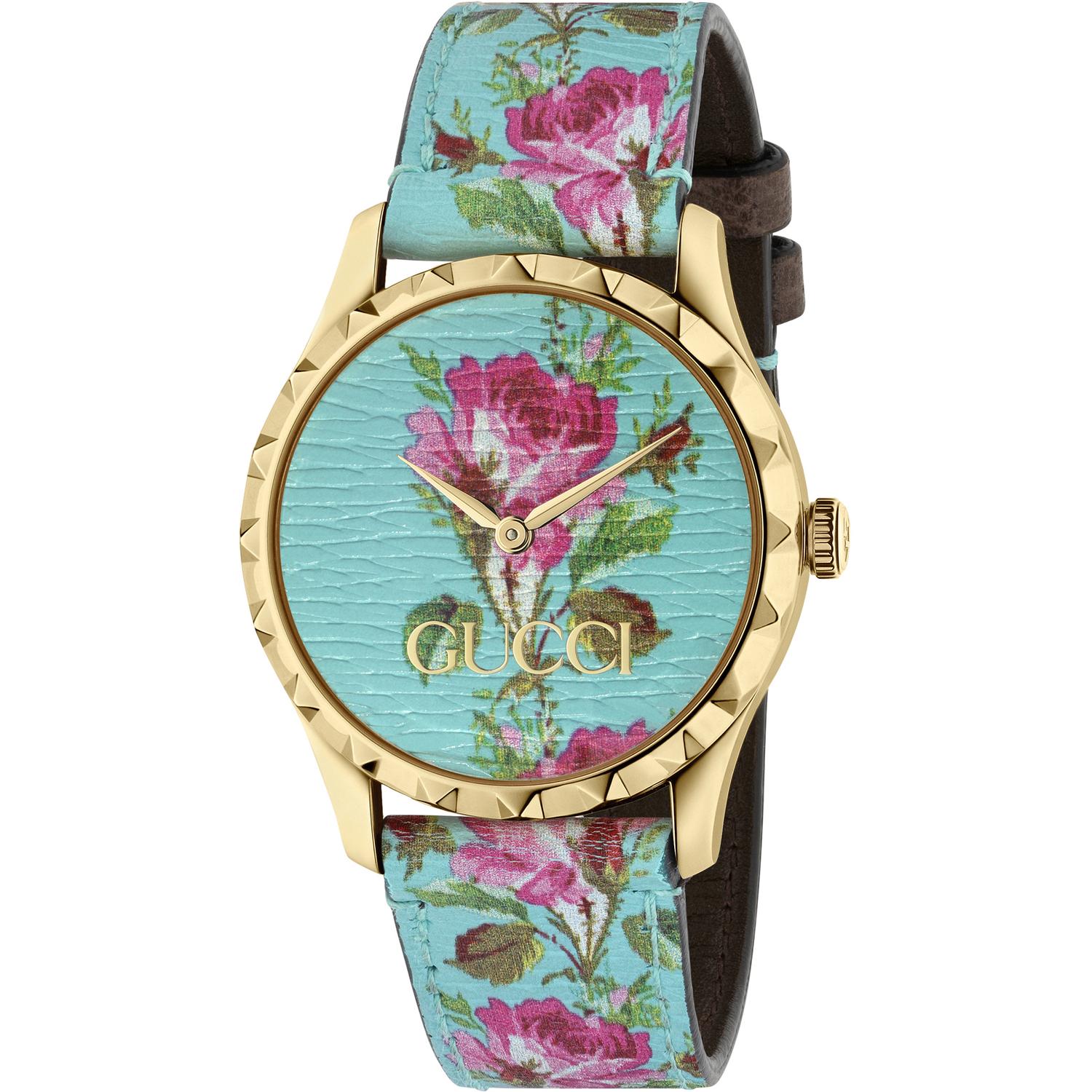 Gucci - YA1264085 - G-Timeless Contemporary Yellow gold PVD case and bezel with studs, aquamarine shanghai leather dial and strap with flowers printing