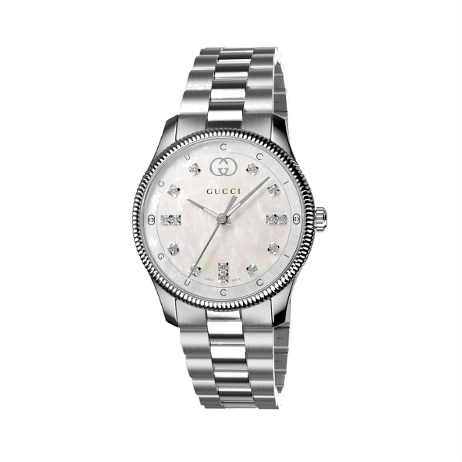 Gucci - YA1265064 - G-Timeless 29 mm stainless steel case, white mother of pearl dial with and  lettering, diamond indexes, stainless steel bracelet