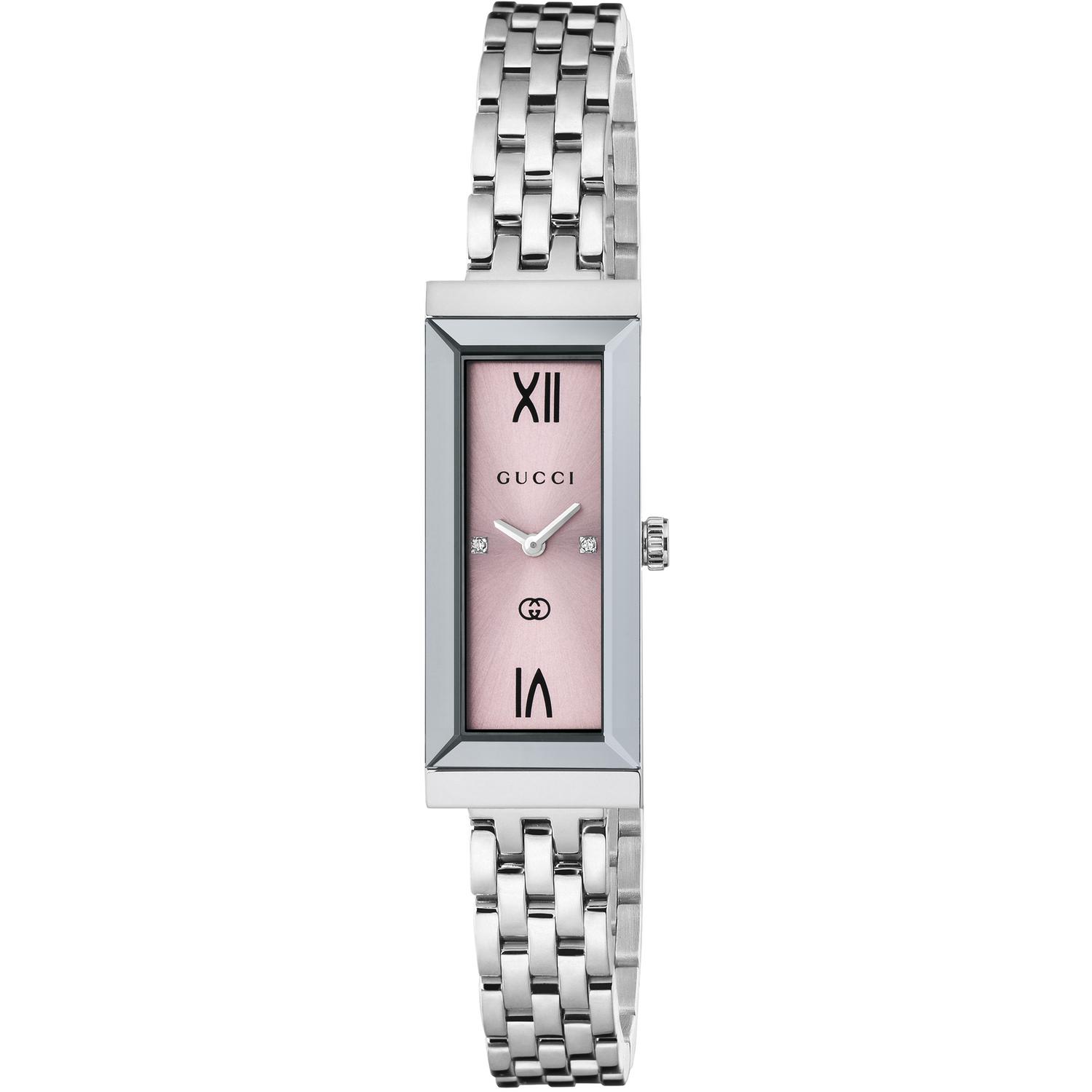 Gucci - YA127516 - G-Frame 14x34mm stainless steel case; Pink dial with dimonds and Roman indexes; Stainless steel bracelet