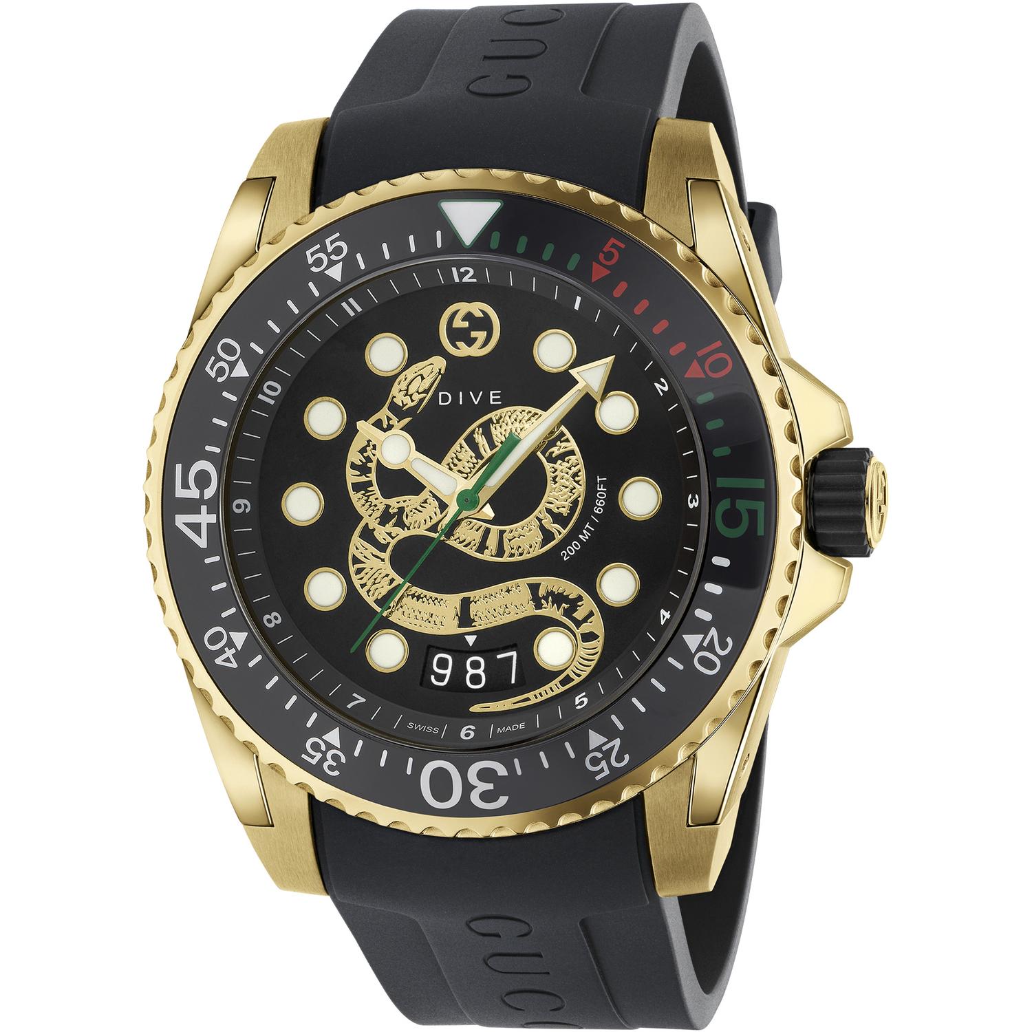 Gucci - YA136219 - Dive Yellow gold PVD case, black dial with yellow gold snake motif, black rubber strap