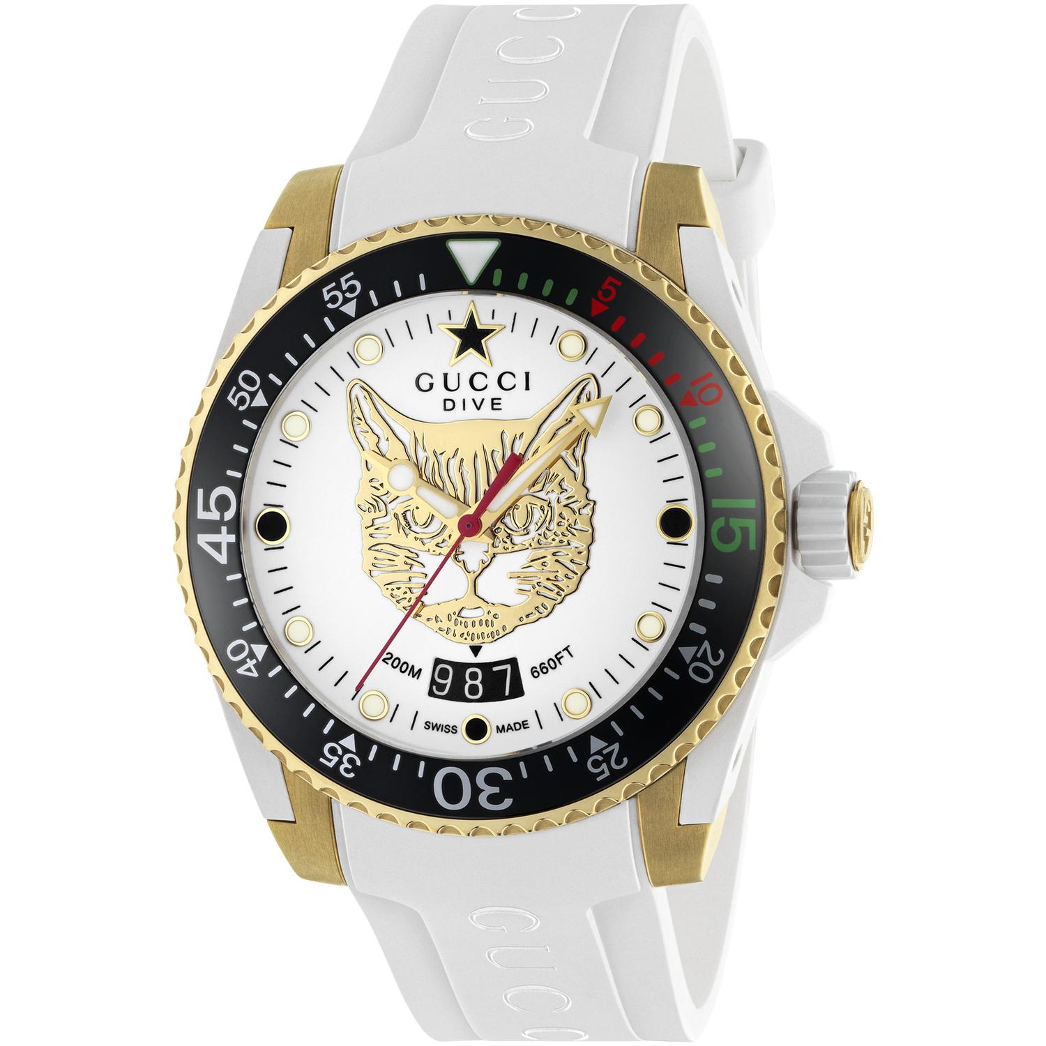 Gucci - YA136322 - Dive Yellow gold PVD case, white dial with gold feline head motif, white rubber strap