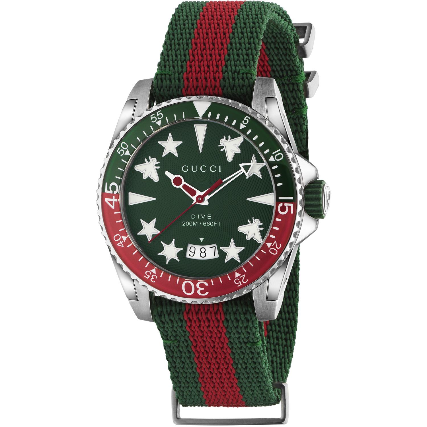 Gucci - YA136339 - Dive Steel case, green and red bezel, green rubber crown, green dial with multi icon indexes, recycled polyester web strap
