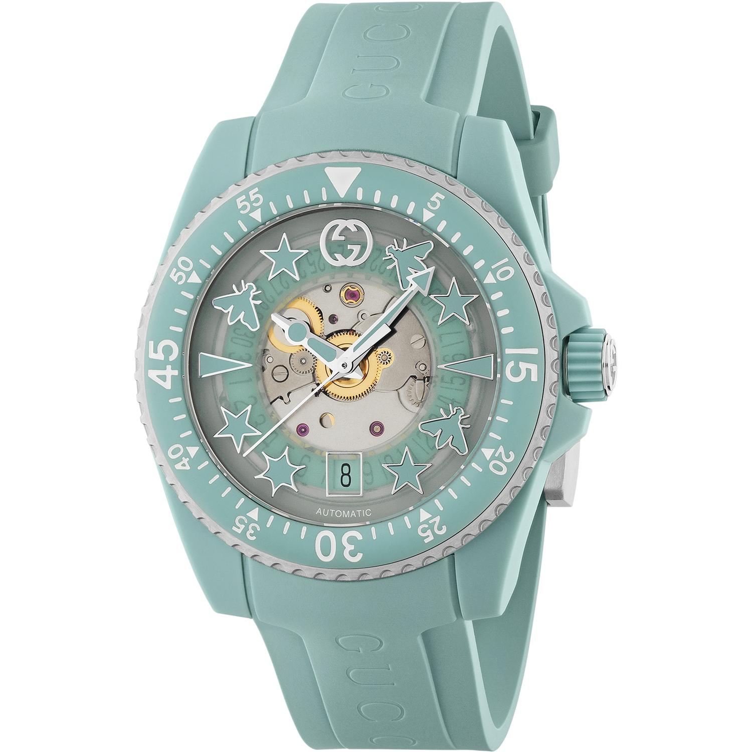 Gucci - YA136344 - Dive 40mm steel and acquamarine bio-based plastic case, acquamarine transparent dial with multi icon indexes, bio-based acquamarine plastic strap
