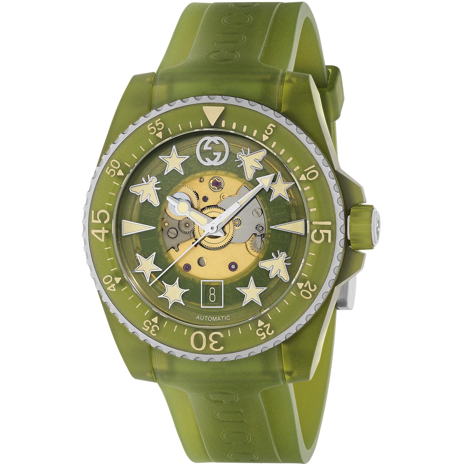 Gucci - YA136345 - Dive 40mm steel and green bio-based plastic case, green transparent dial with multi icon indexes, bio-based green plastic strap