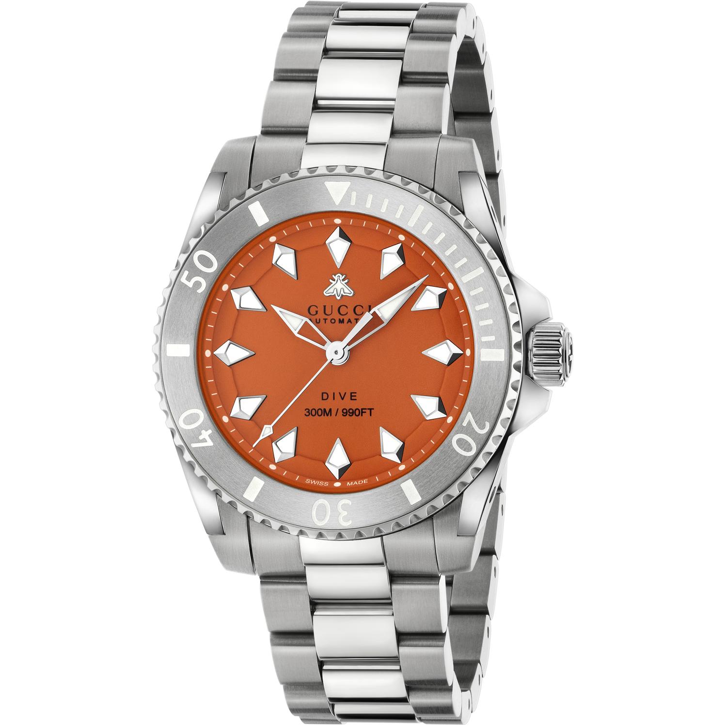 Gucci - YA136355 - Dive 40 mm steel case, orange dial, white bezel, steel bracelet, screw-down crown and case back