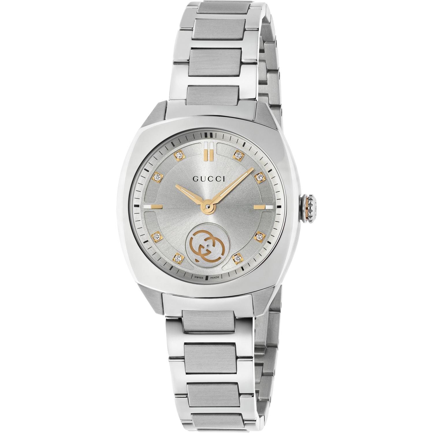 Gucci - YA142510 - Interlocking 29mm stainless steel case, silver sunbrushed dial with 8 diamonds and pink gold-plated details, small seconds display, stainless steel bracelet
