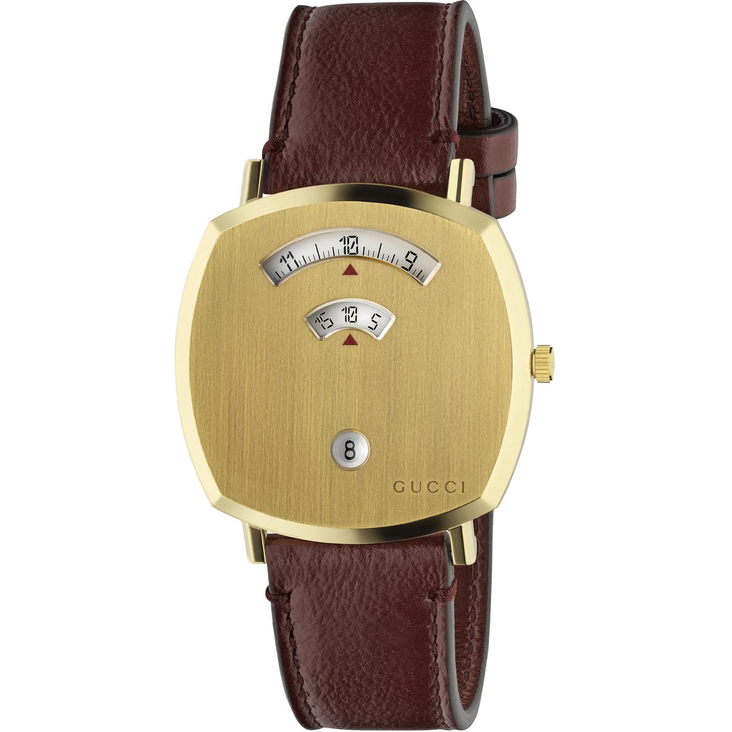 Gucci - YA157411 - Grip Yellow gold PVD, 3 windows indicating hour, minute & date, bordeaux leather strap