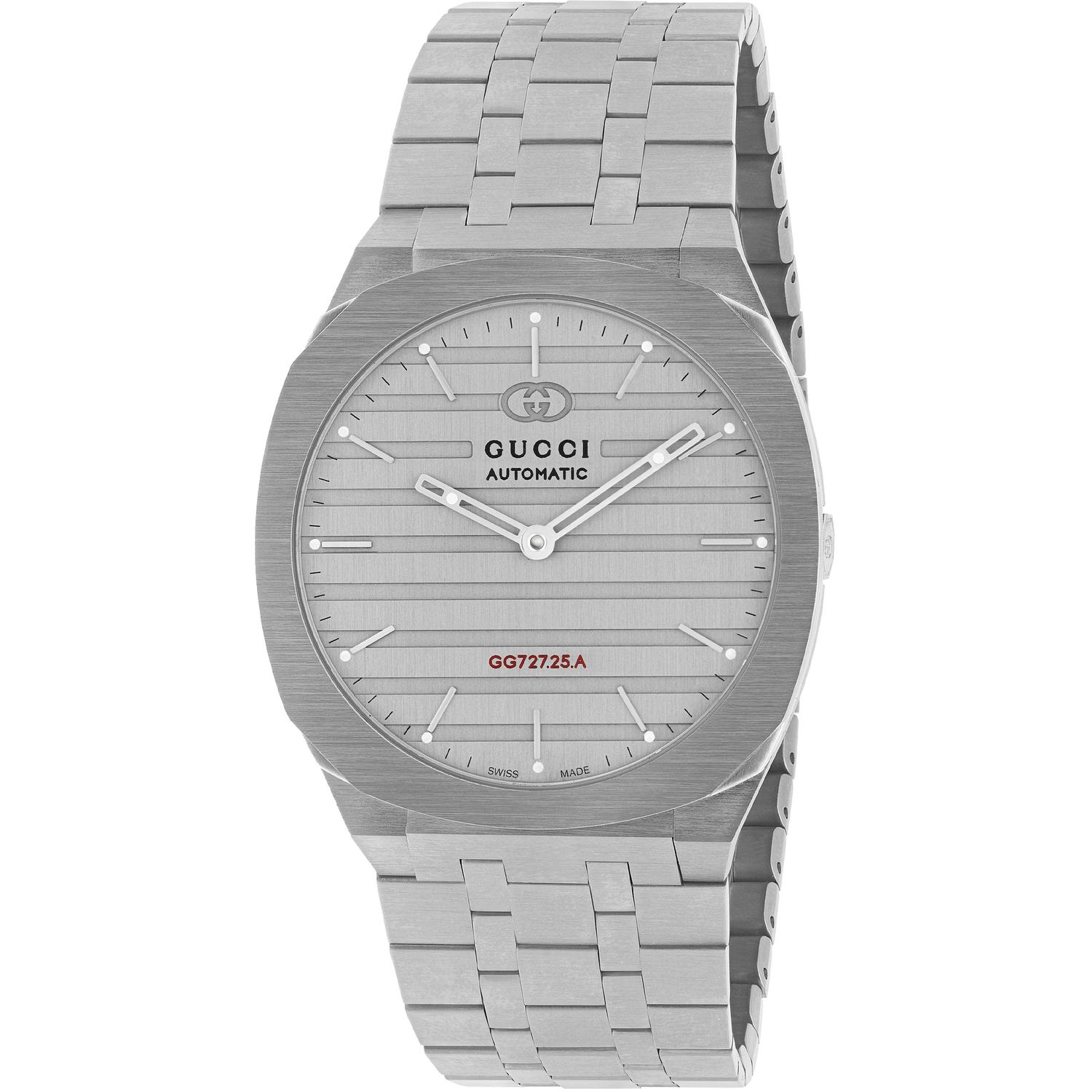 Gucci - YA163302 - 25H 40mm stainless steel multi layered case, heavy brushed grey dial with red GG727.25.A caliber engraving, five links stainless steel bracelet
