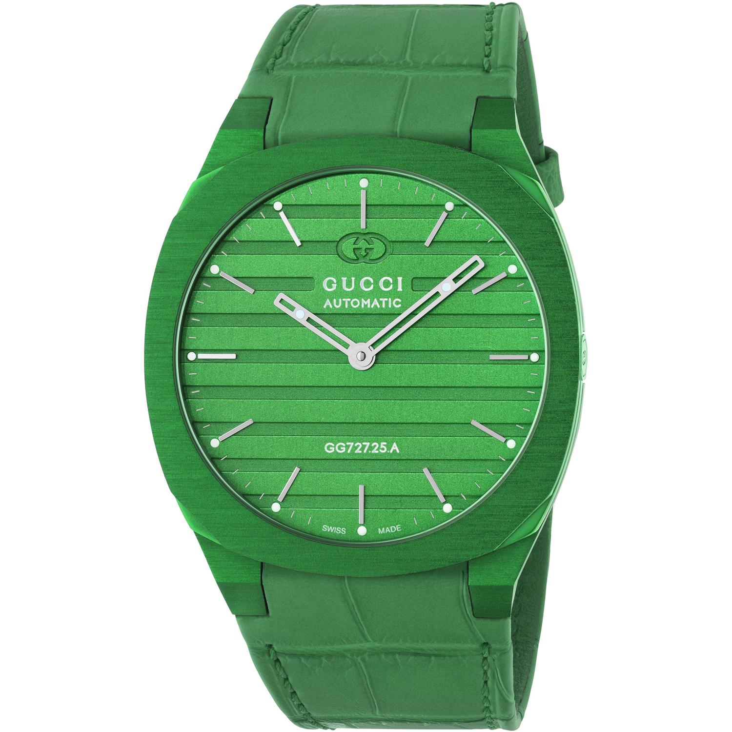 Gucci - YA163325 - 25H 40 mm green aluminum multi layered case, green brass dial, five llinks green alligator leather bracelet