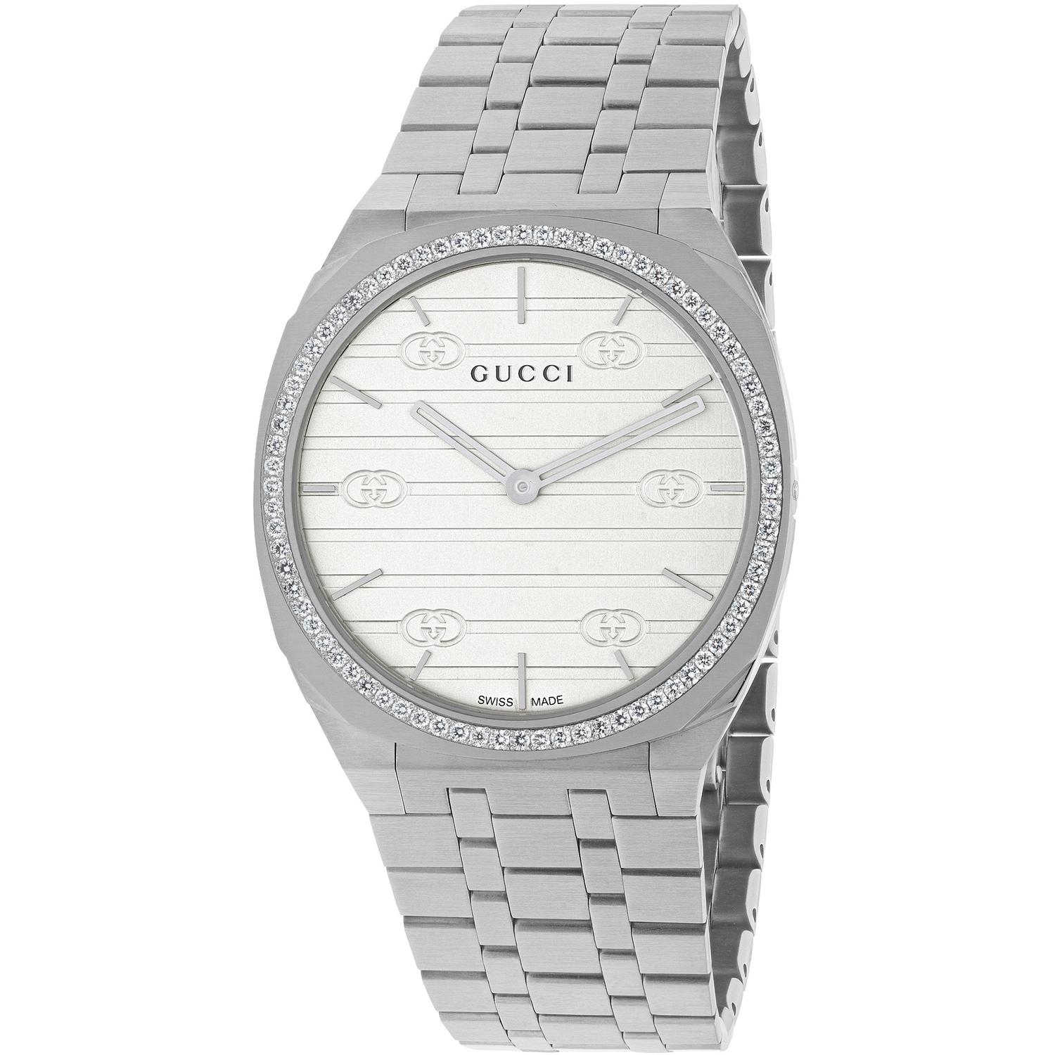 Gucci - YA163401 - 25H 34mm stainless steel multi layered case, bezel set with diamonds, white brass dial with GG, five links stainless steel bracelet