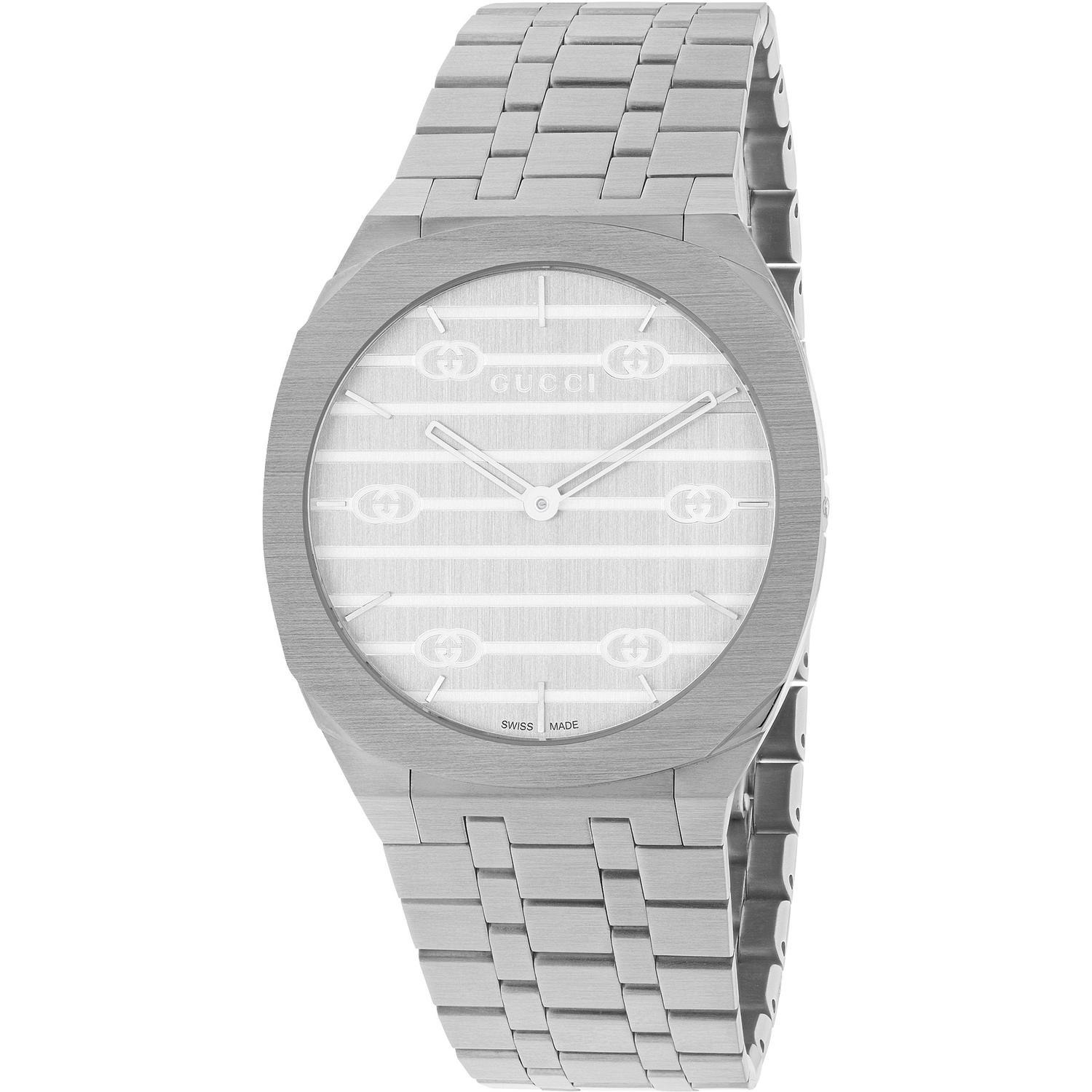 Gucci - YA163402 - 25H 34mm stainless steel multi layered case, silver brass dial with GG, five links stainless steel bracelet