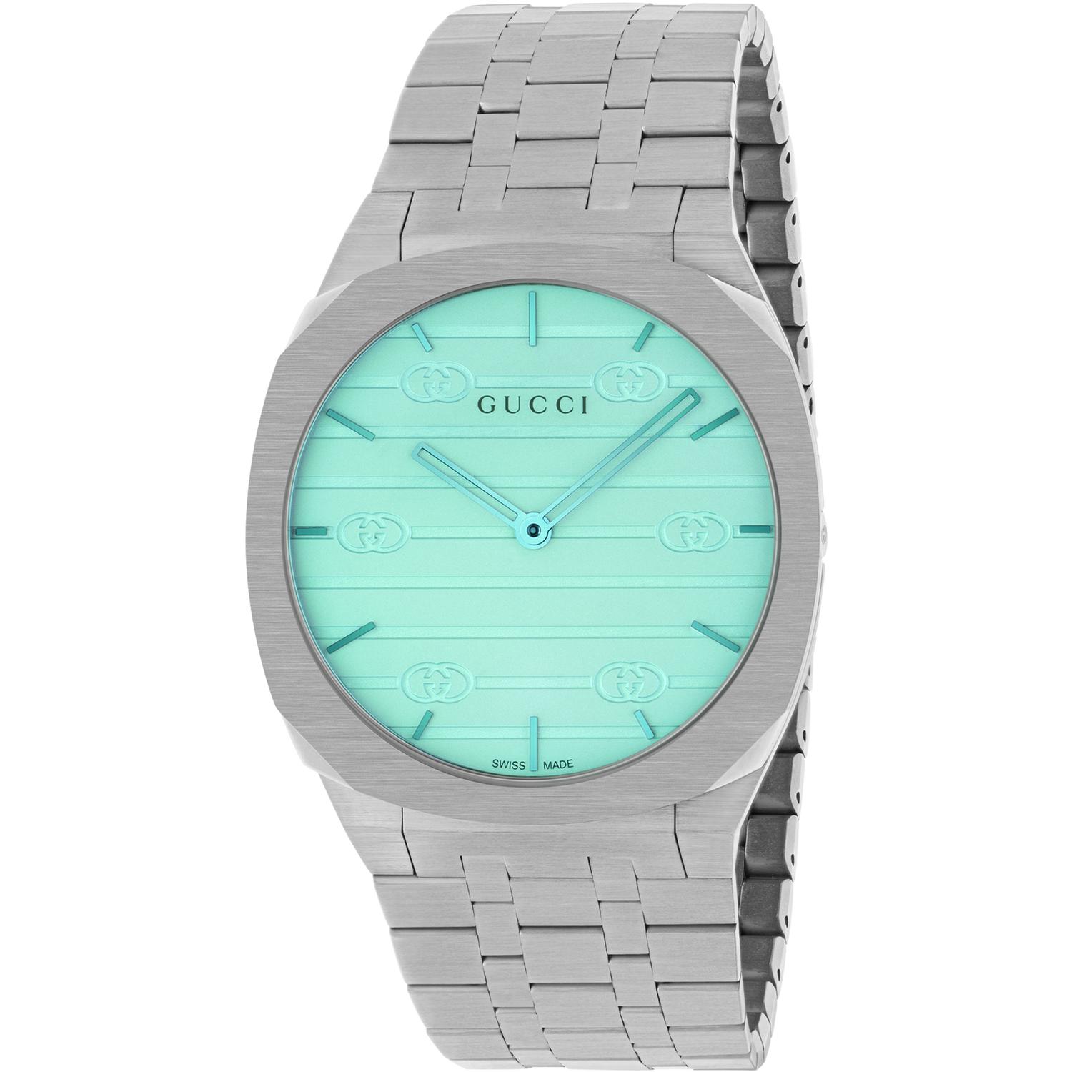 Gucci - YA163409 - 25H 38mm stainless steel multi layered case, white dial with motif and ocean blue colored glass, five links stainless steel bracelet
