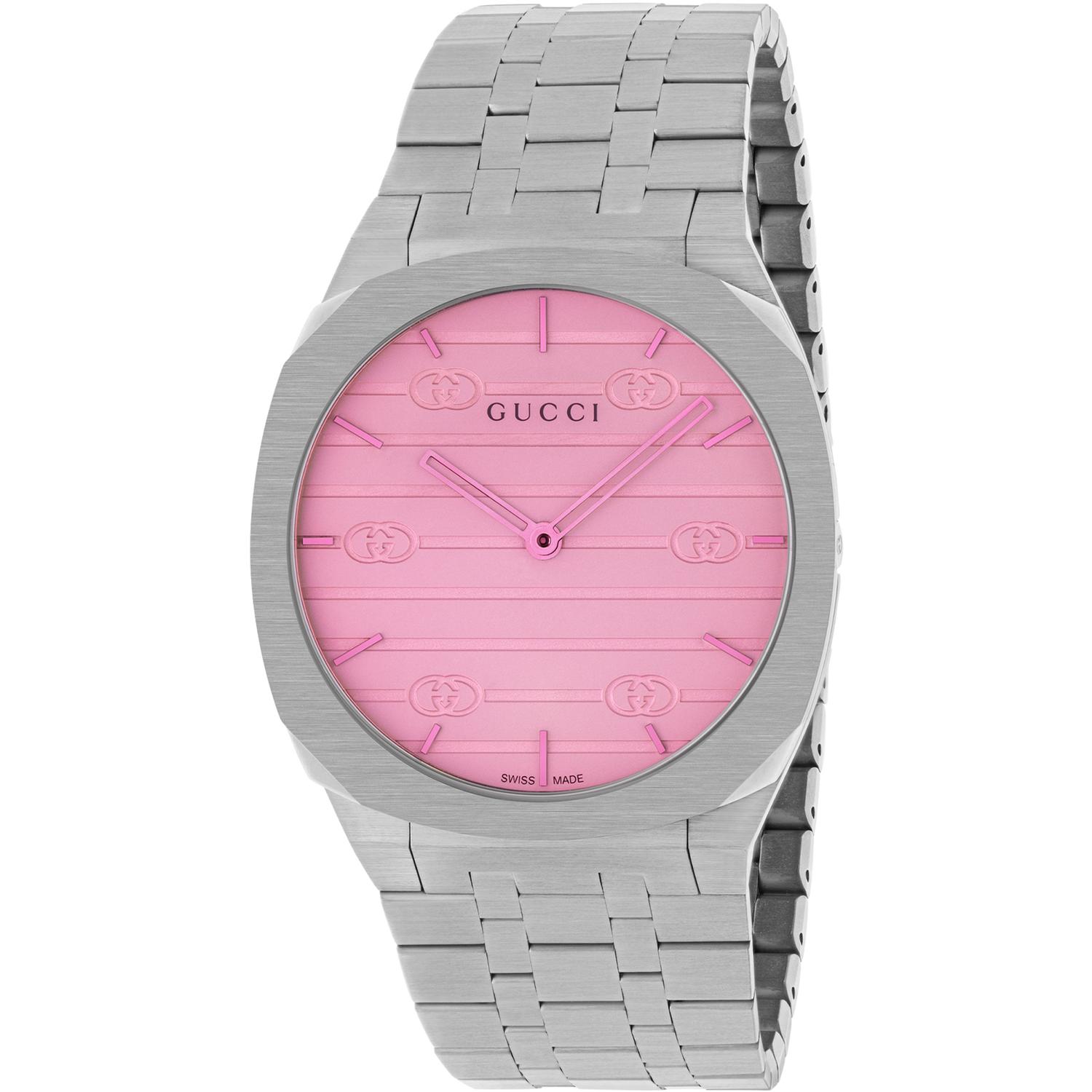 Gucci - YA163410 - 25H 38mm stainless steel multi layered case, white dial with motif and pink colored glass, five links stainless steel bracelet