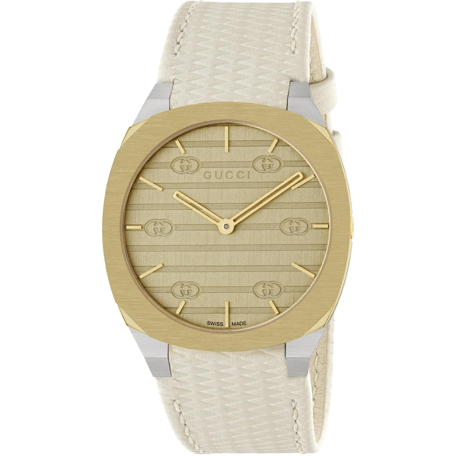 Gucci - YA163416 - 25H 34 mm stainless steel and 18 Kt yellow gold plated multi layered case, golden brass dial with GG, white leather strap