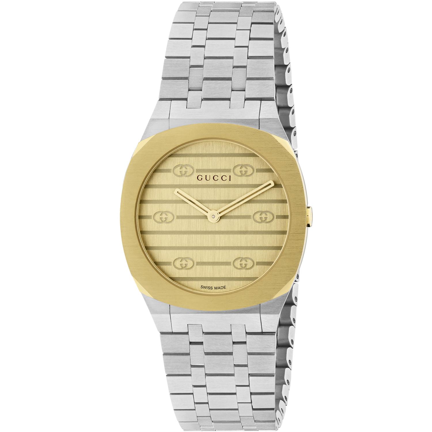 Gucci - YA163502 - 25H 30mm stainless steel and 18k yellow gold plated multi layered case, golden brass dial with motif, five links stainless steel bracelet