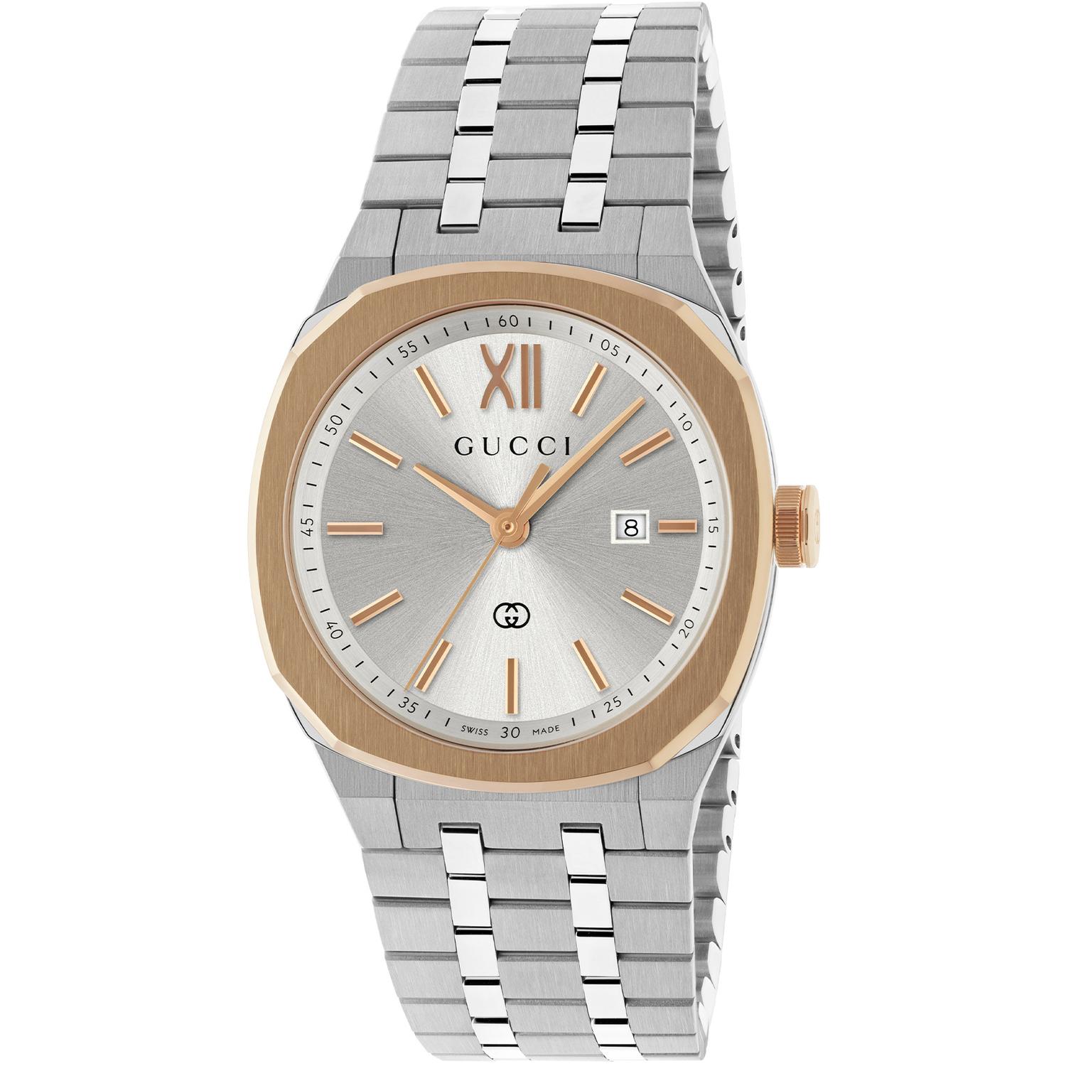 Gucci - YA163508 - 25H 30 mm stainless steel multi layered case, pink gold-plated bezel, silver dial, date opening, stainless steel five links interchangeable bracelet, quartz movement