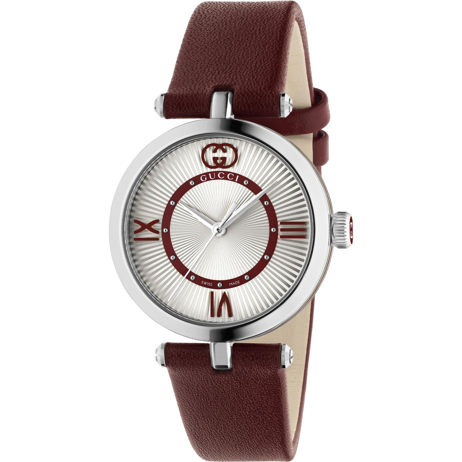Gucci - YA167508 - Model 2000 30mm stainless steel case; Silver guillochè dial, green-red-greed resin stripes on the case side; Red leather strap