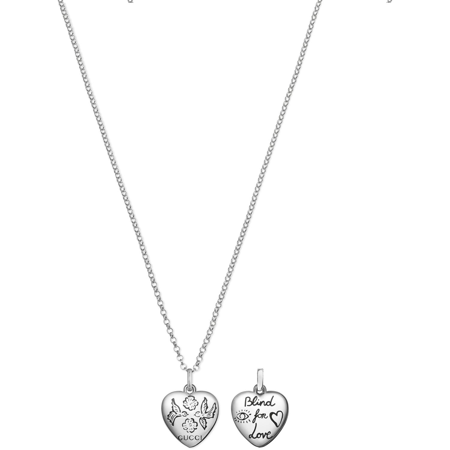 Gucci - YBB455542001 - Blind for love necklace with flower and bird engraved heart pendant in shiny aged sterling silver