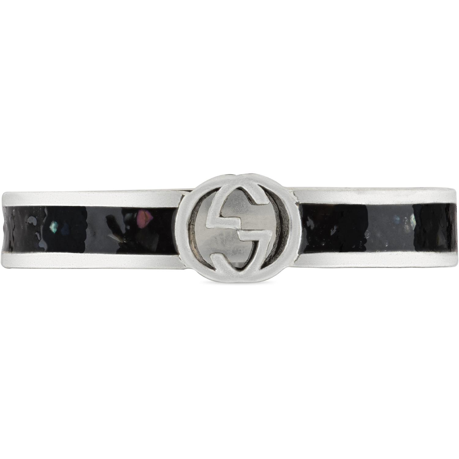 Gucci - YBC701620001 - Interlocking G Ring in sterling silver and black enamel with detail