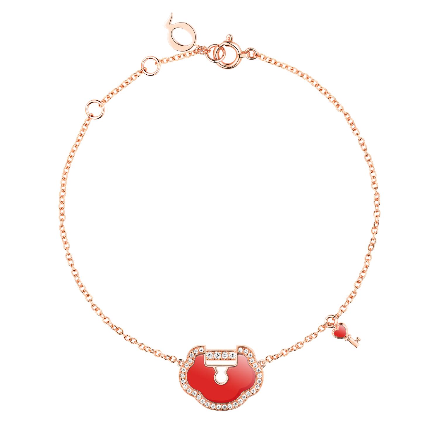 Qeelin - YLB40ABRGRA - Yu Yi Lock Bracelet in 18K Rose Gold with Diamonds and Red Agate