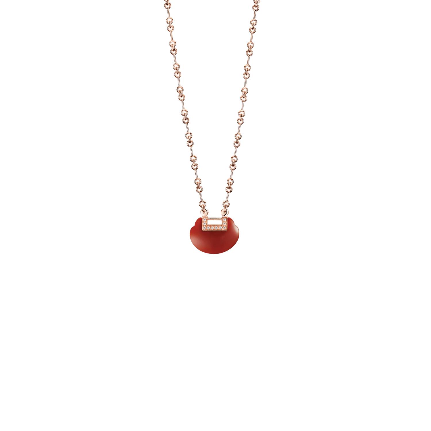 Qeelin - YYN30AQRGRA - Yu Yi Small Necklace in 18K Rose Gold with Diamonds and Red Agate