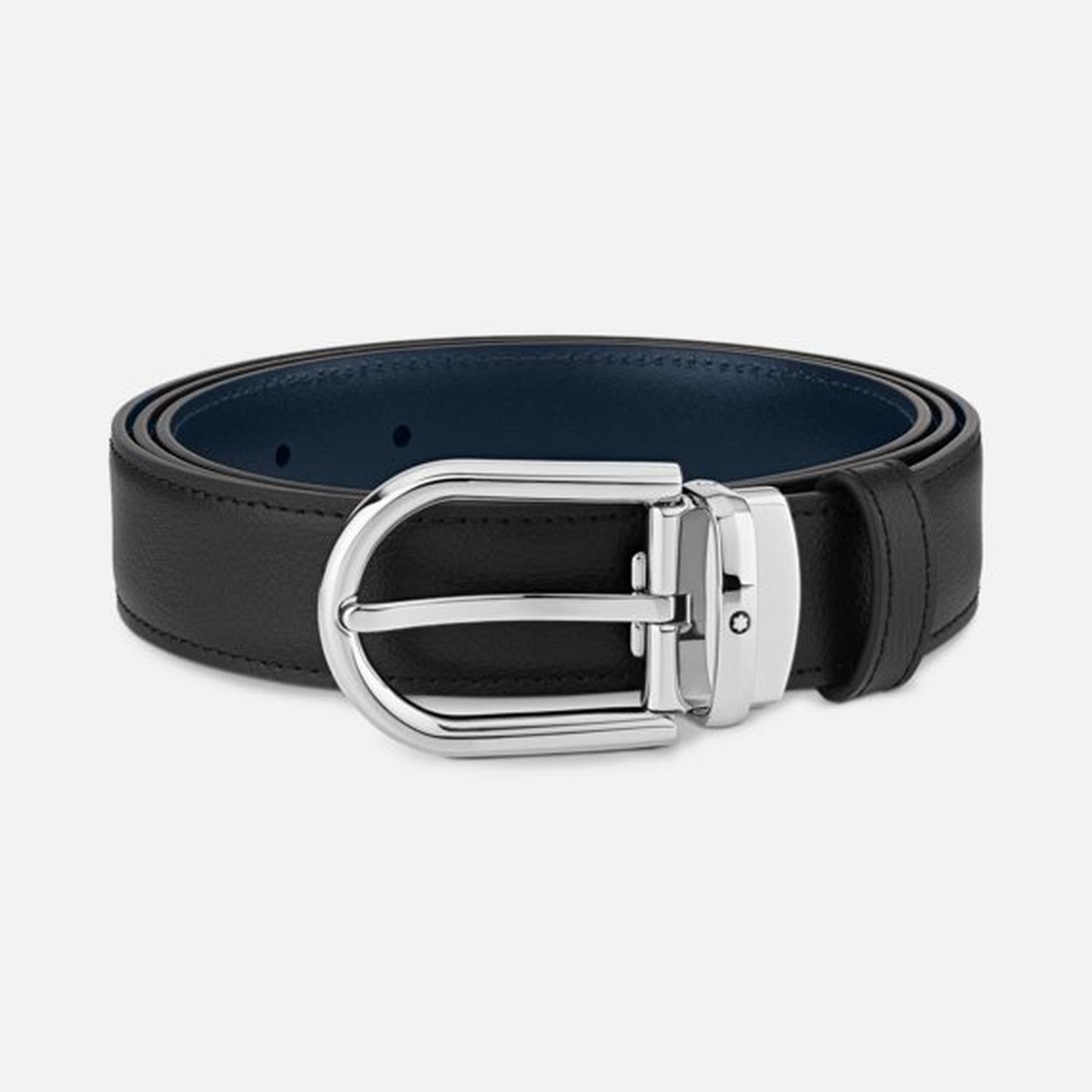 Mont Blanc - 128756 - 30mm Black/Blue Reversible Leather Belt with Horseshoe Buckle