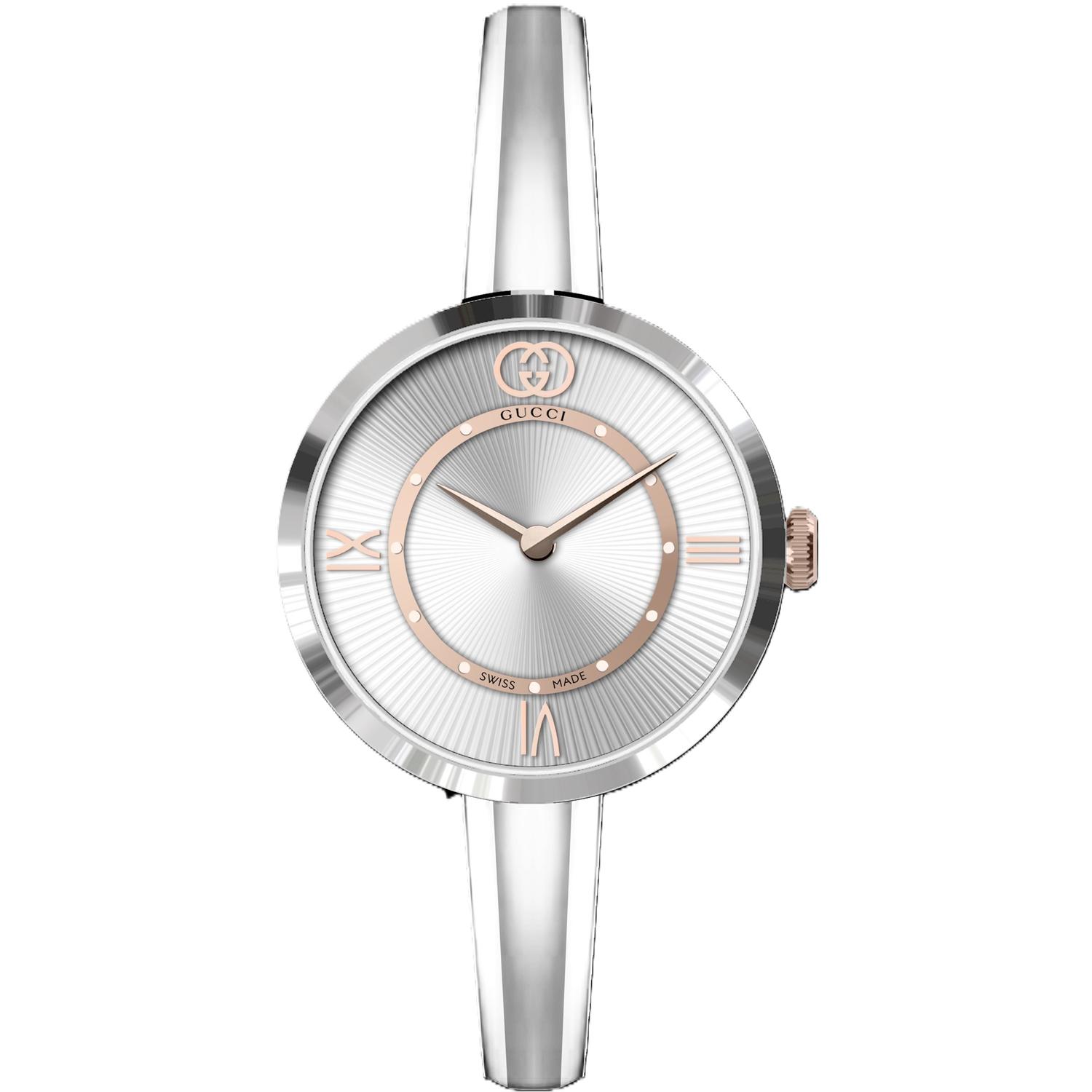 GUCCI - YA167515 - Model 2000 24 mm stainless steel case, silver guilloché dial, white resin stripes on the case side, stainless steel 15 cm bangle , quartz movement